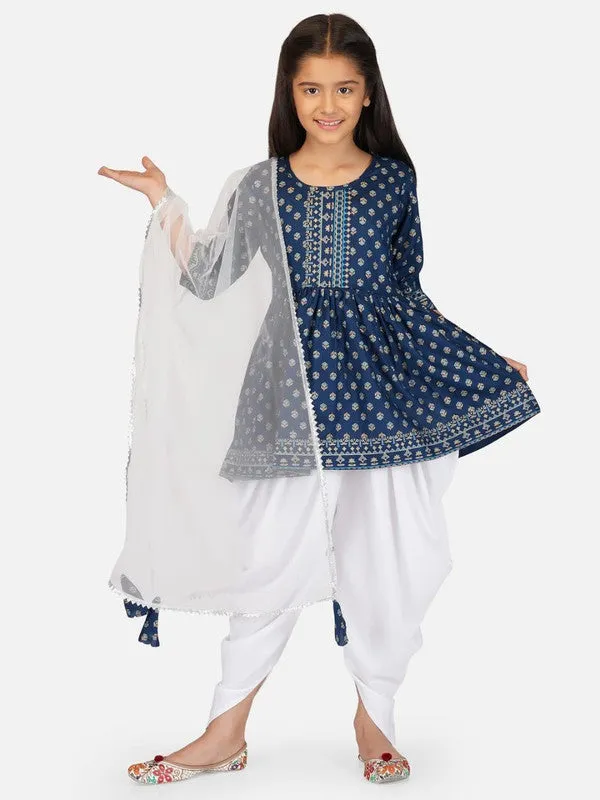 Girl's Blue Cotton Floral Printed Kurta Dhoti Pant Set With Dupatta - Malishka Export Girls