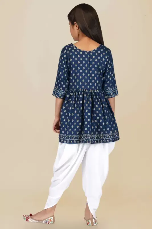 Girl's Blue Cotton Floral Printed Kurta Dhoti Pant Set With Dupatta - Malishka Export Girls