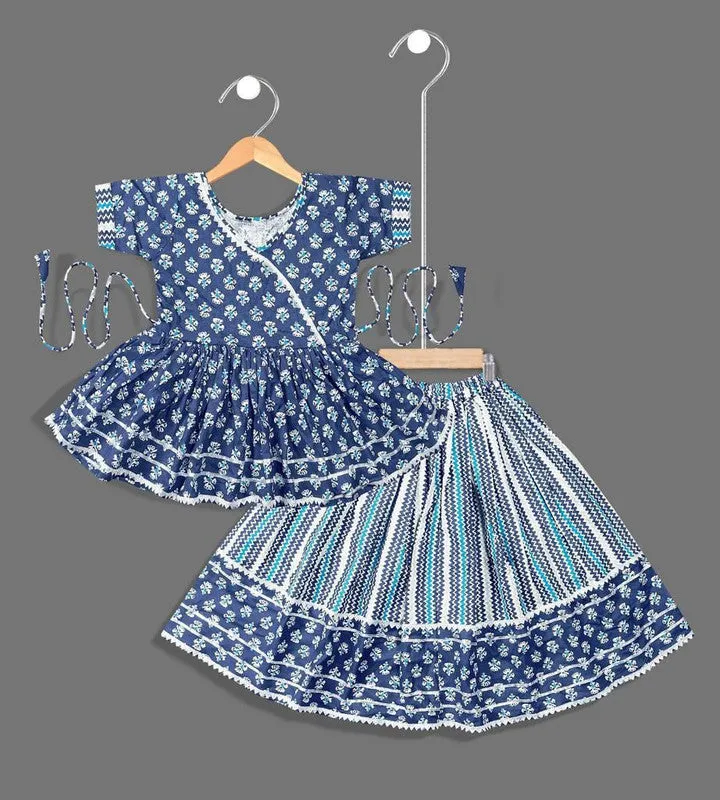 Girl's Blue Cotton Floral Printed Kurta Lehenga - Malishka Export Girls