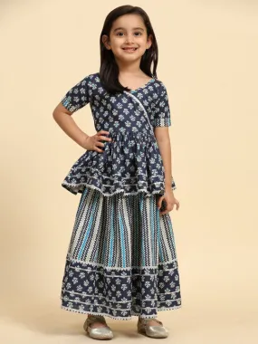 Girl's Blue Cotton Floral Printed Kurta Lehenga - Malishka Export Girls