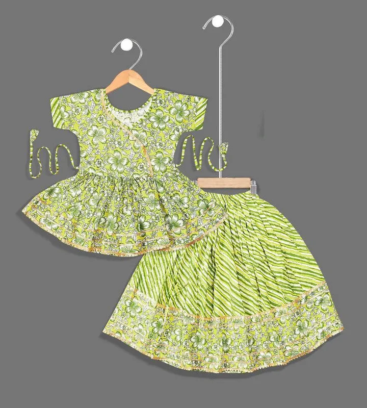 Girl's Green Cotton Floral Printed Kurta Lehenga - Malishka Export Girls