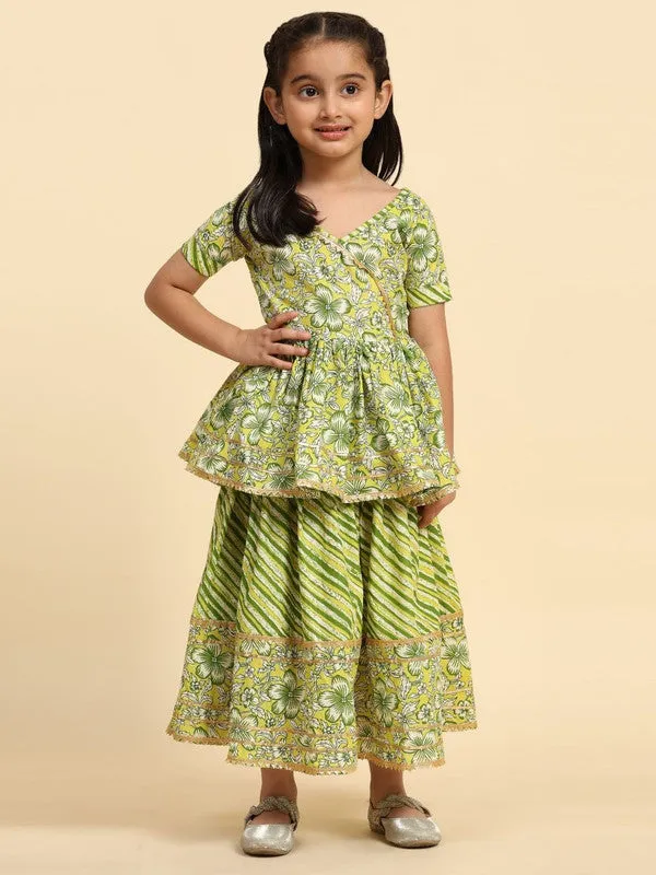 Girl's Green Cotton Floral Printed Kurta Lehenga - Malishka Export Girls