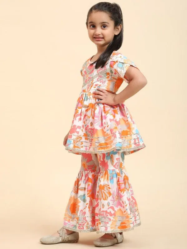 Girl's Orange Cotton Floral Printed Kurta Sharara Set - Malishka Export Girls