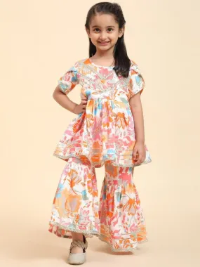 Girl's Orange Cotton Floral Printed Kurta Sharara Set - Malishka Export Girls