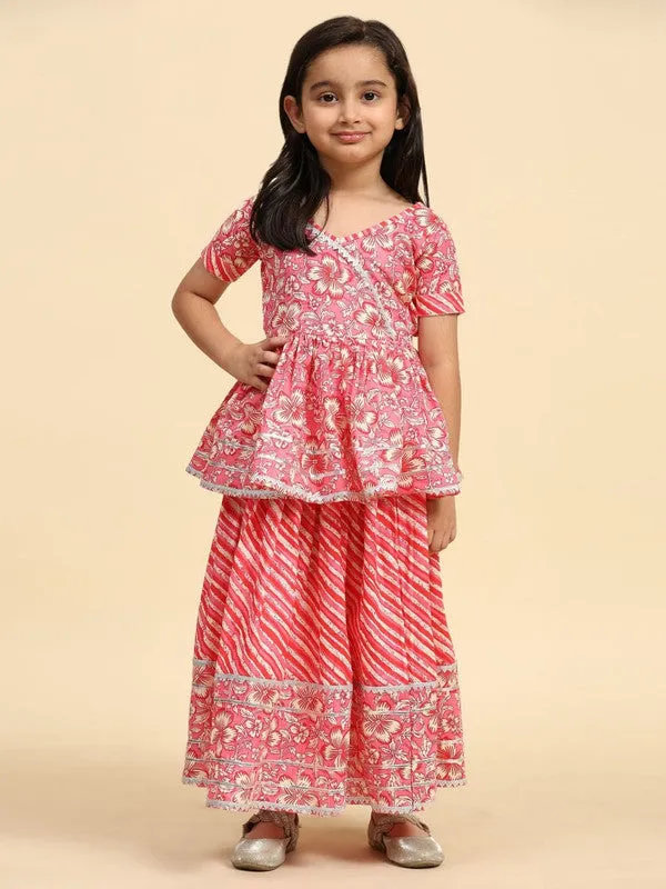 Girl's Pink Cotton Floral Printed Kurta Lehenga - Malishka Export Girls