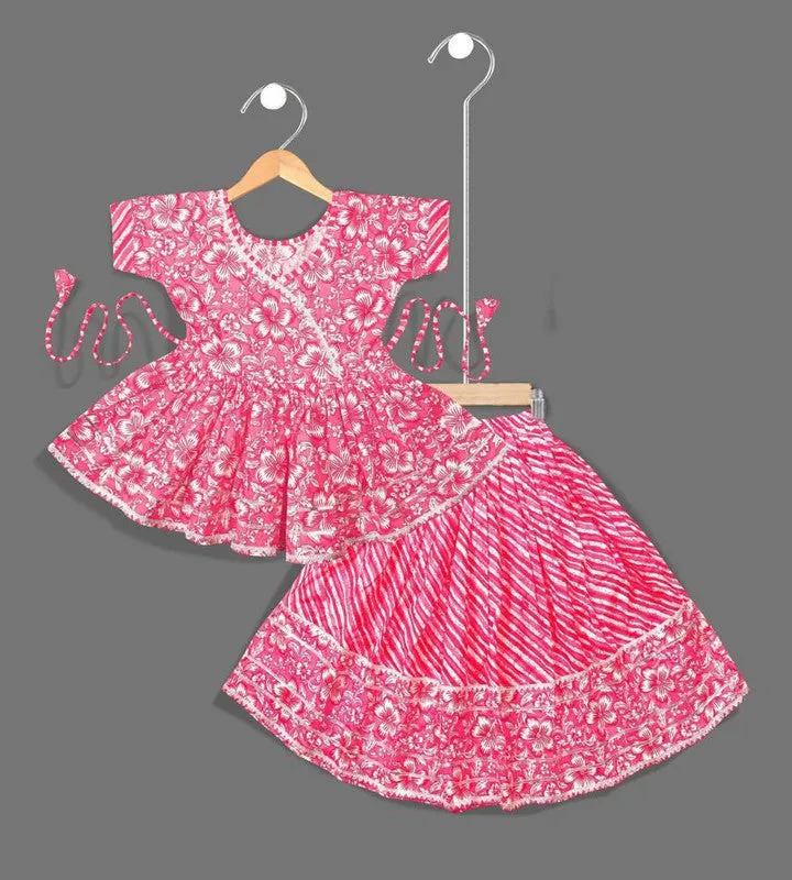 Girl's Pink Cotton Floral Printed Kurta Lehenga - Malishka Export Girls