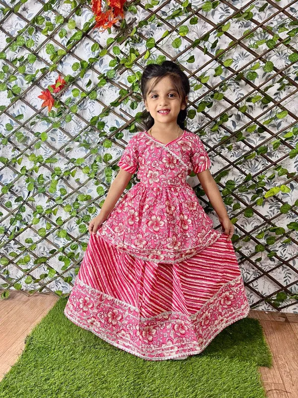 Girl's Pink Cotton Floral Printed Kurta Lehenga - Malishka Export Girls