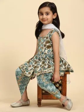 Girl's Rama Cotton Floral Printed Kurta Sharara Set - Malishka Export Girls