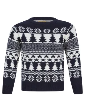 Girl's Star Tree Nordic Fairisle Novelty Christmas Jumper in Ink - Merry Christmas Kids (4-12yrs)