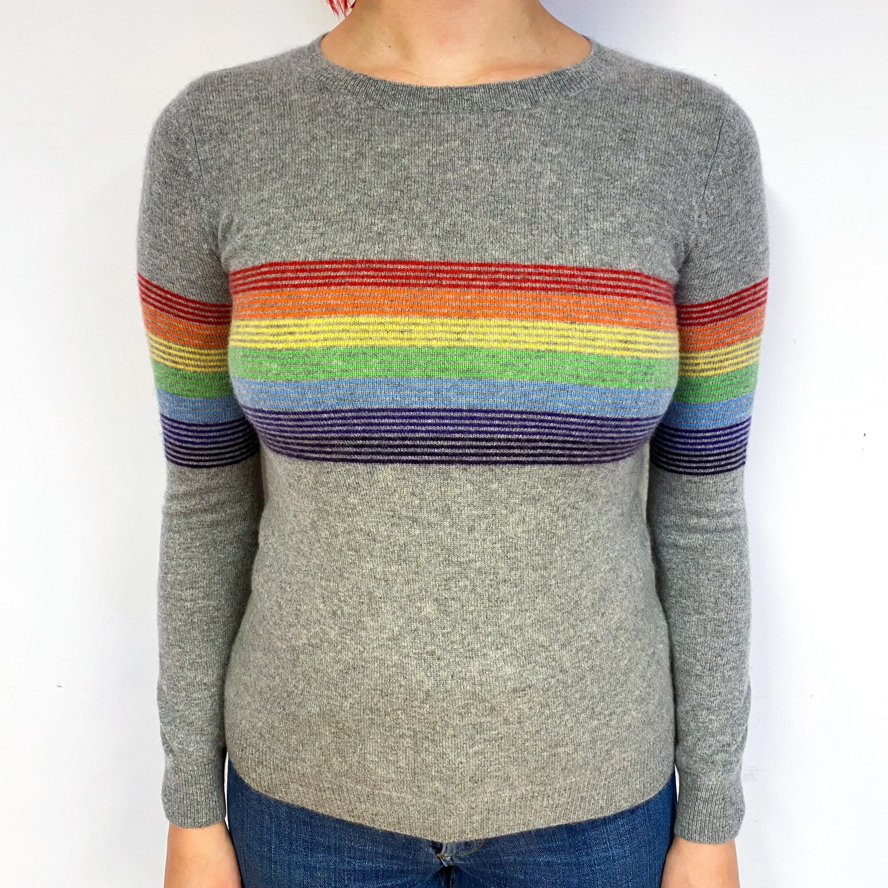 Grey Rainbow Stripe Cashmere Crew Neck Jumper Small