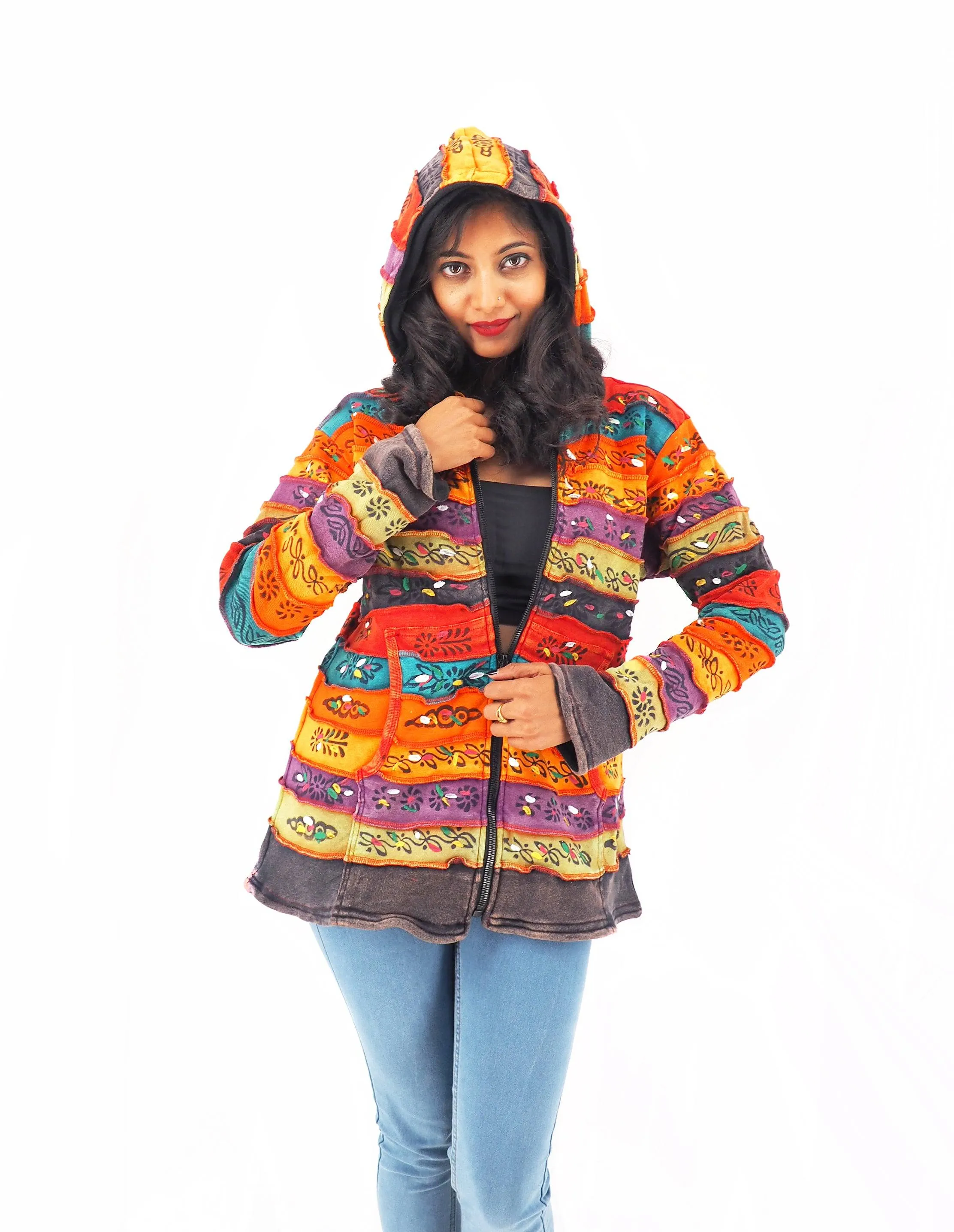 Handmade Patchwork Boho Hoodie 100% Pre-Washed Cotton Rainbow Tones S-M-L-XL