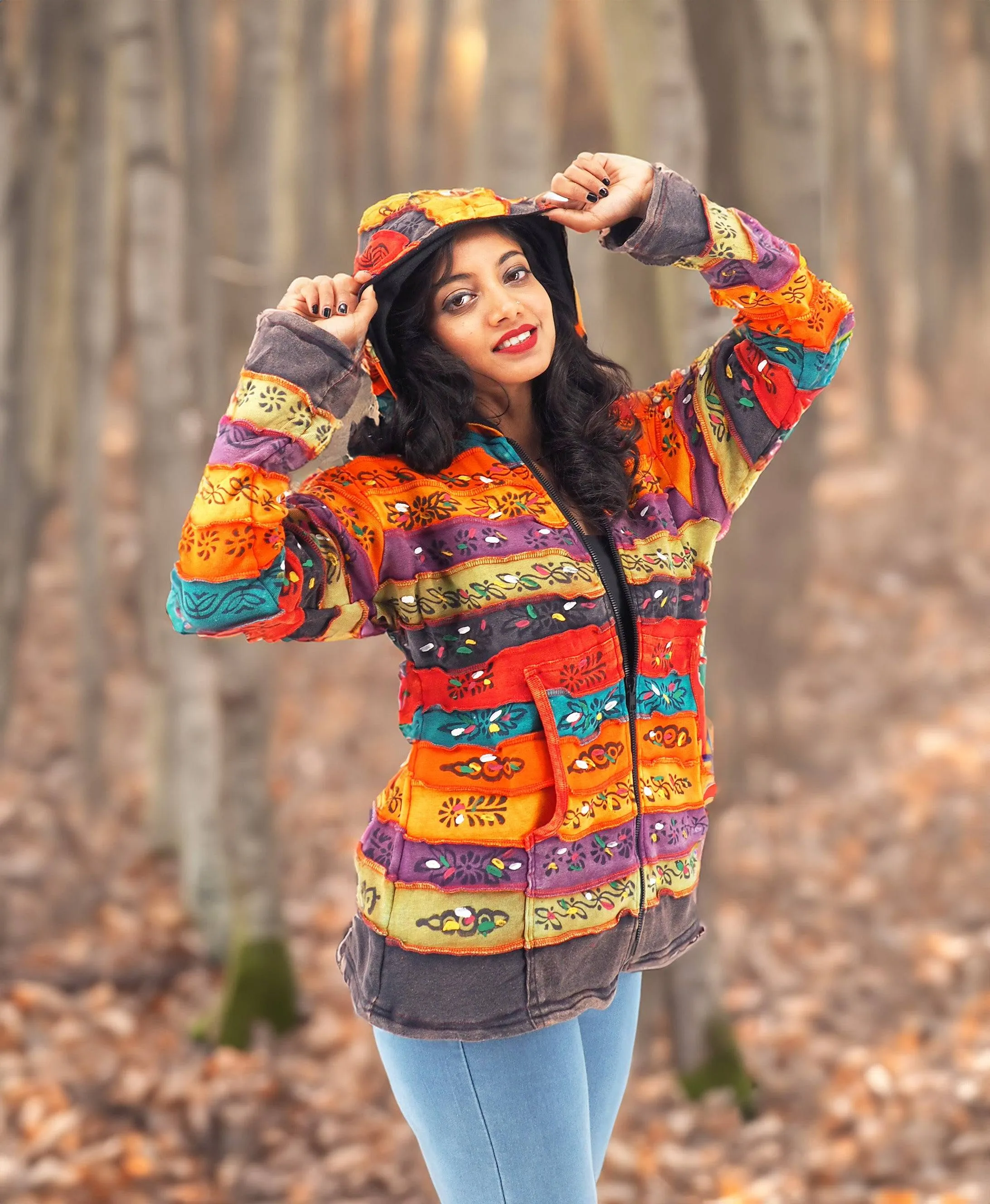 Handmade Patchwork Boho Hoodie 100% Pre-Washed Cotton Rainbow Tones S-M-L-XL