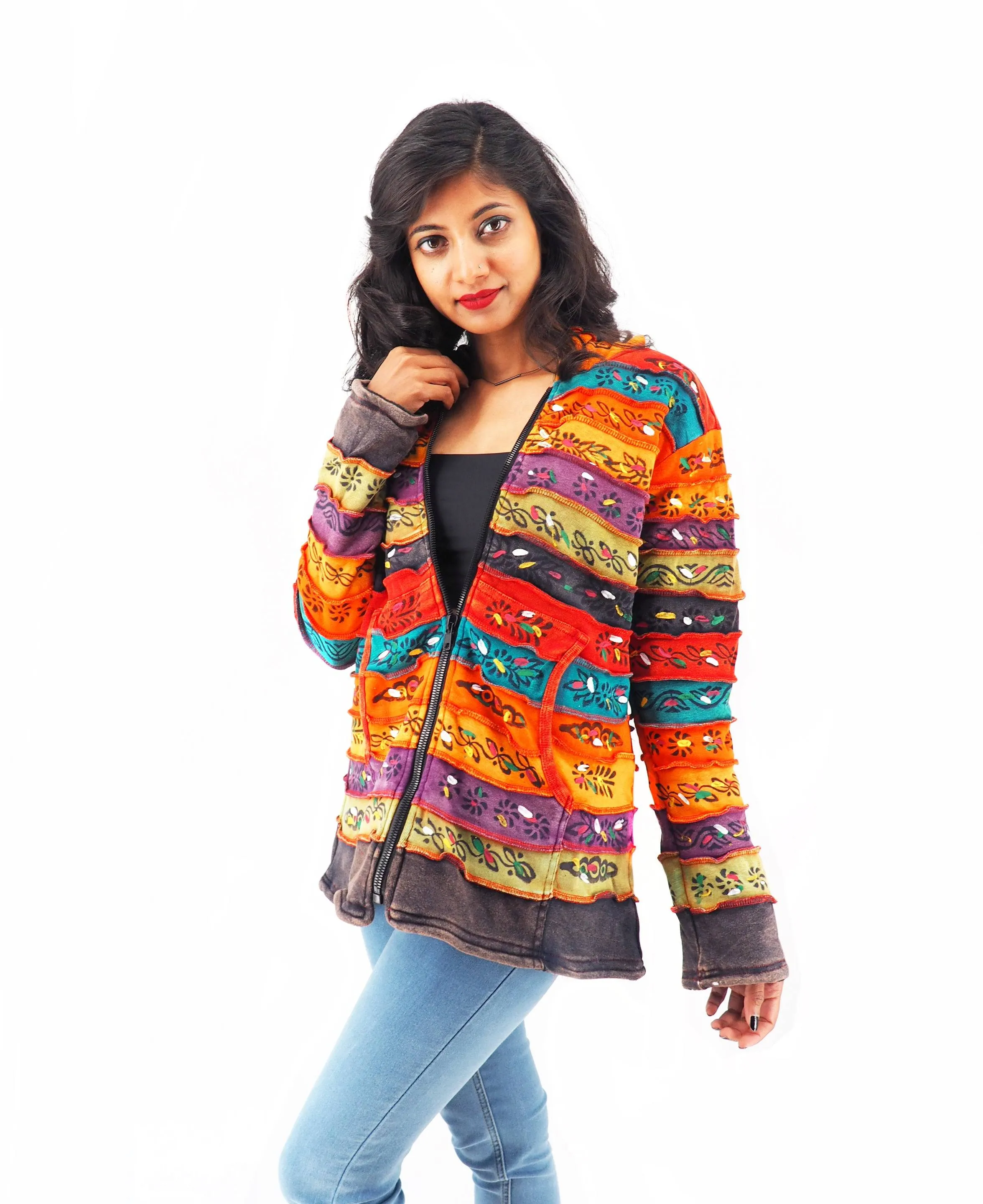 Handmade Patchwork Boho Hoodie 100% Pre-Washed Cotton Rainbow Tones S-M-L-XL