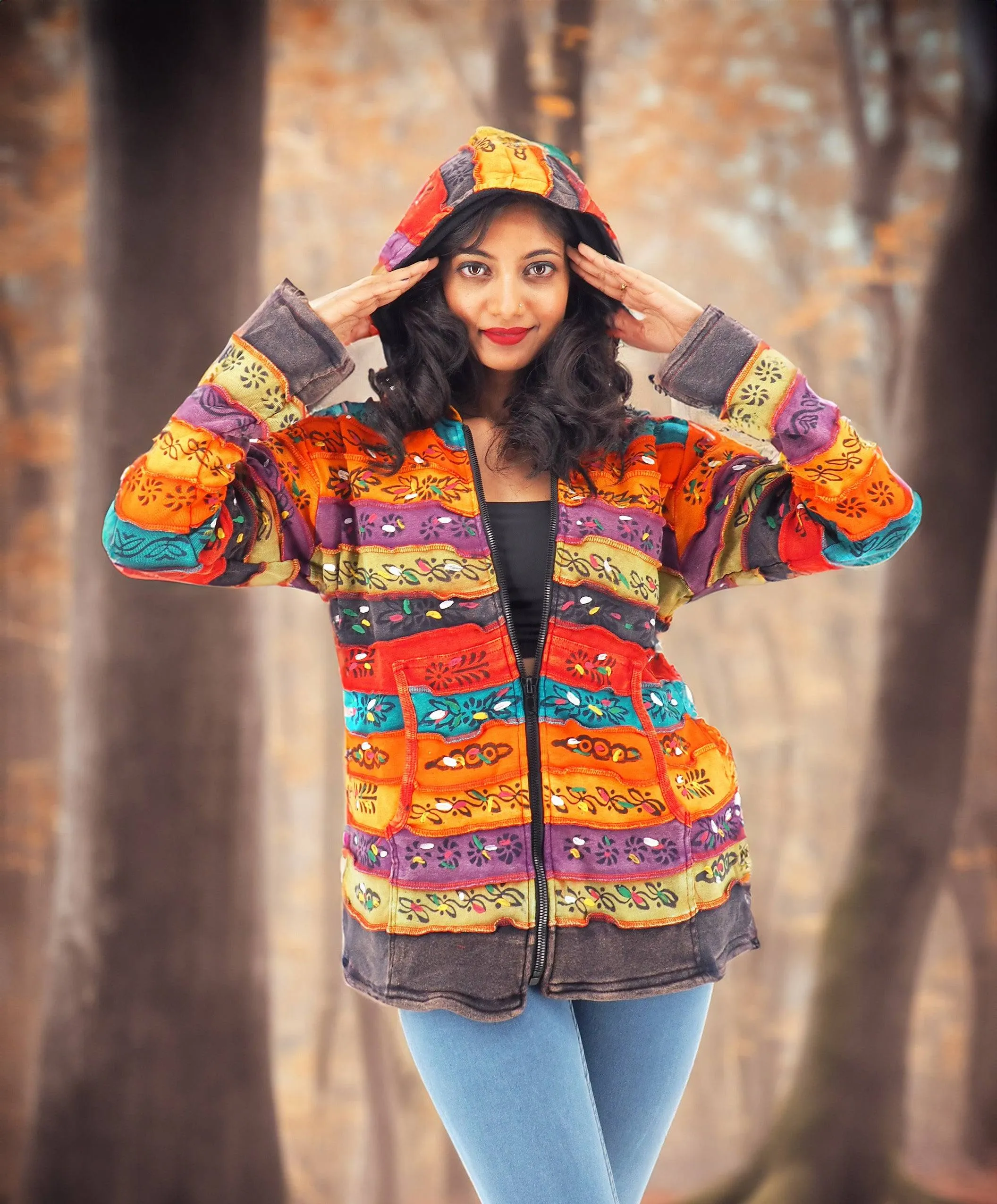 Handmade Patchwork Boho Hoodie 100% Pre-Washed Cotton Rainbow Tones S-M-L-XL