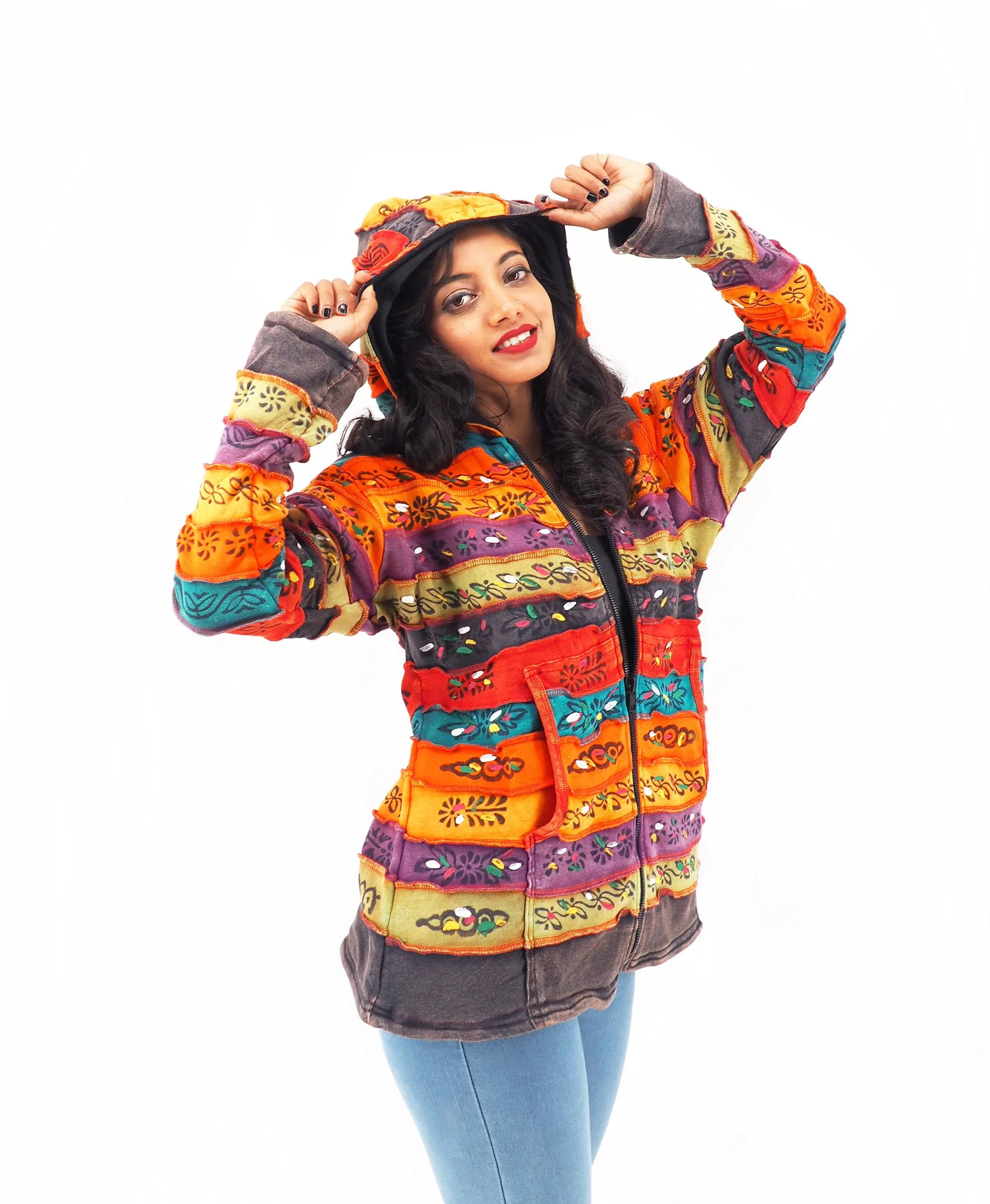 Handmade Patchwork Boho Hoodie 100% Pre-Washed Cotton Rainbow Tones S-M-L-XL