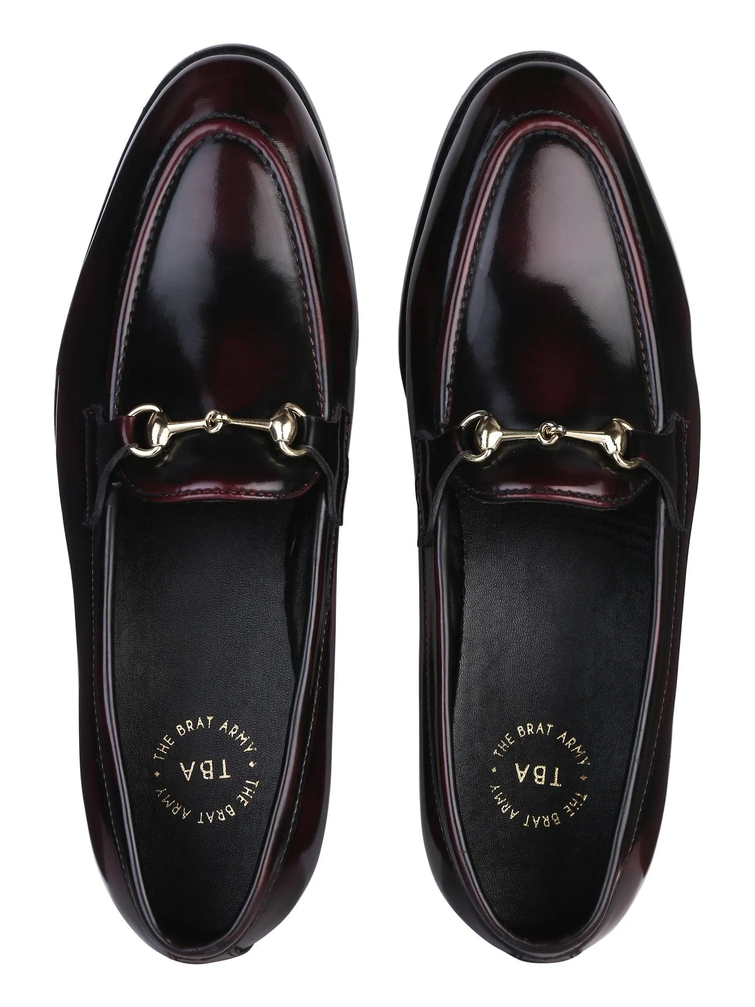 Henley Patent Cherry/Black Horsebit Buckle Loafers.