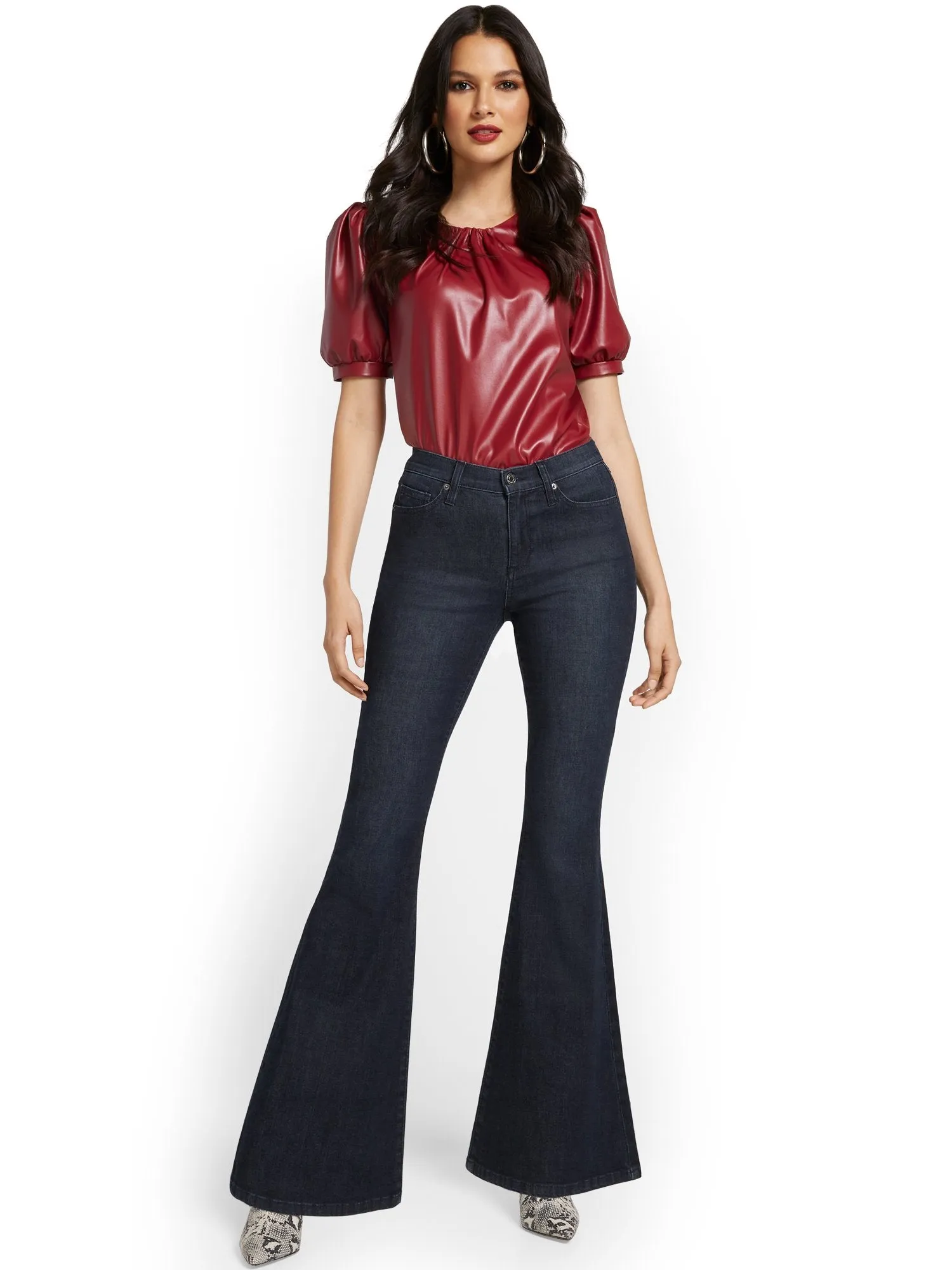 High-Waisted Flare Jeans - Dark Blue Wash