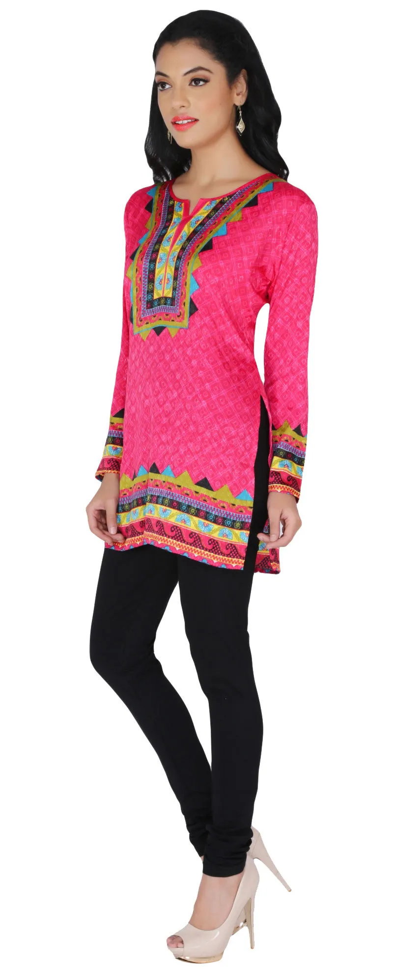 India Long Tunic Top Kurti Womens Printed Indian Apparel (Pink)