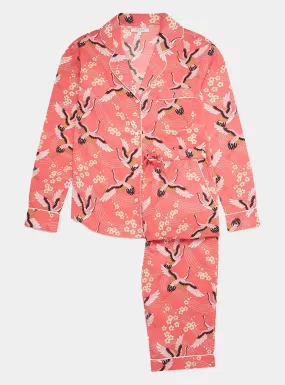 Japanese Crane on Coral Women's Long Sleeve Organic Cotton Pyjama Trouser Set