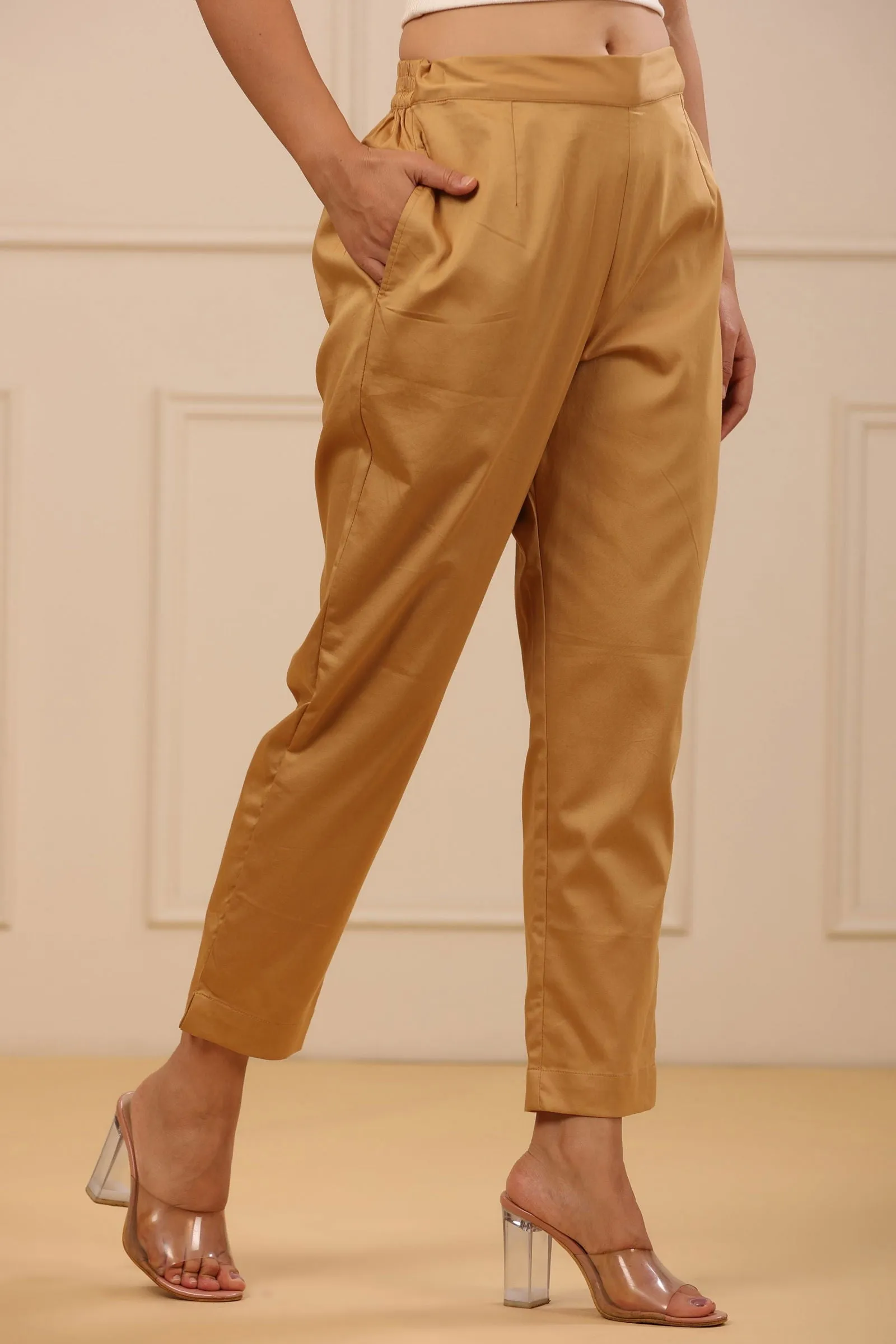 Jashvi  Beige Cotton Solid Slim Fit Pants With Partially Elasticated Waistband