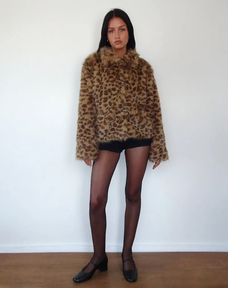 Joji Crop Faux Fur Jacket in Brown Leopard