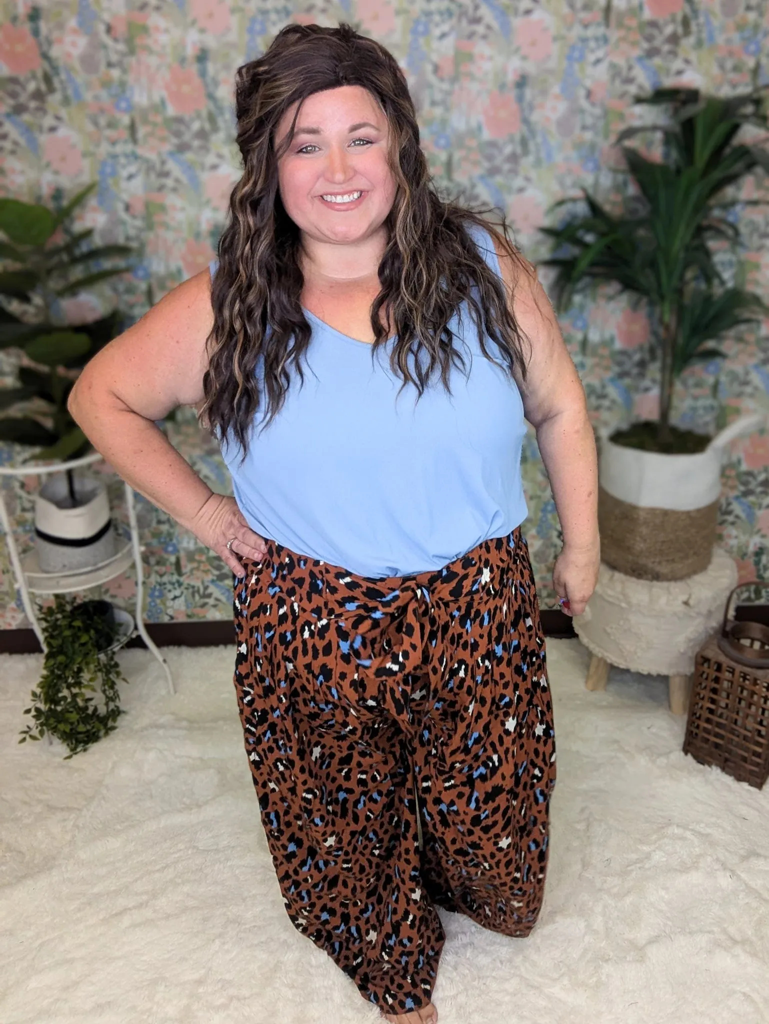 Leo Wide Leg Pants w/Tie Front in Animal Print