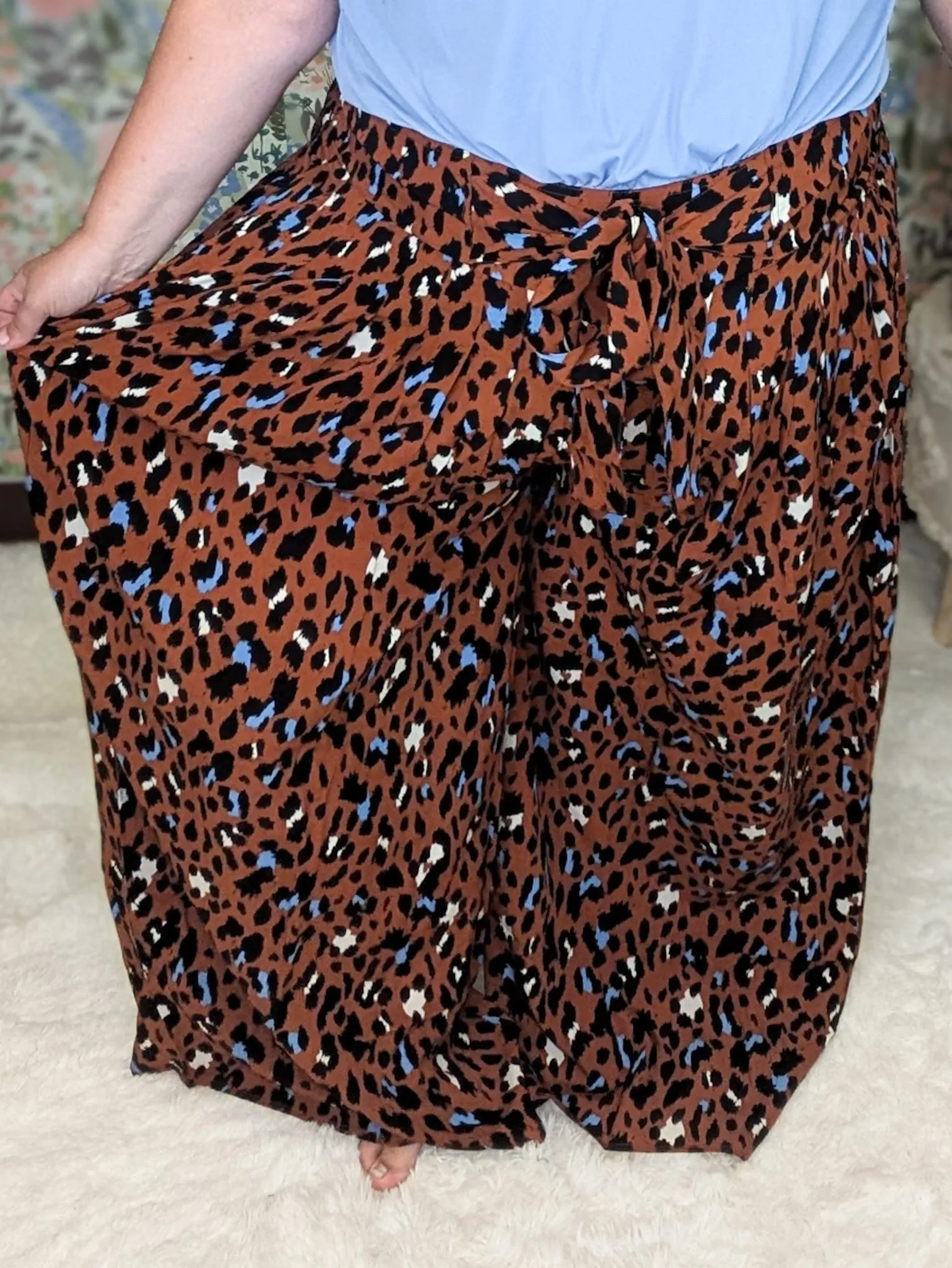 Leo Wide Leg Pants w/Tie Front in Animal Print