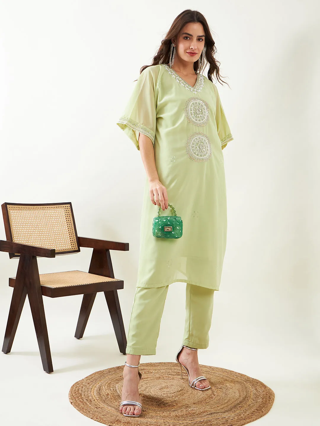 Light Green Hand Embroidred Party Kurta with Slip and Pants