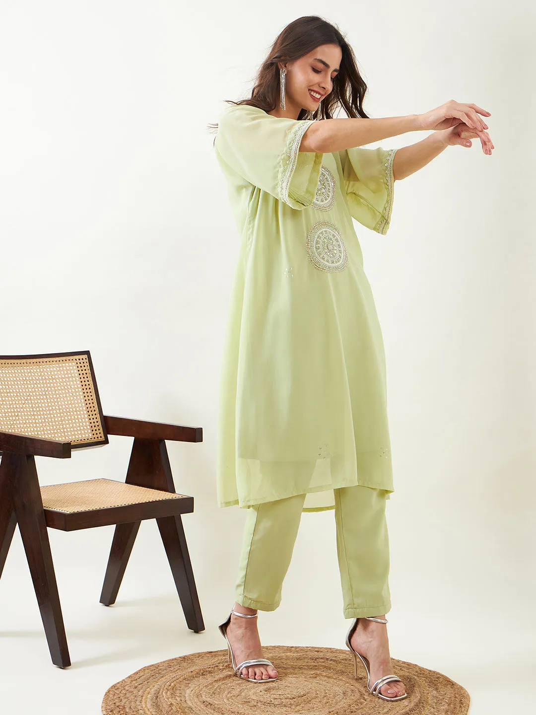 Light Green Hand Embroidred Party Kurta with Slip and Pants