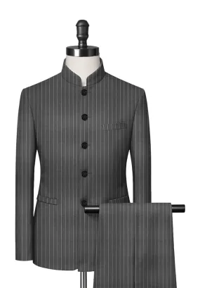 Light Grey Chalk Stripe Mandarin Collar Suit