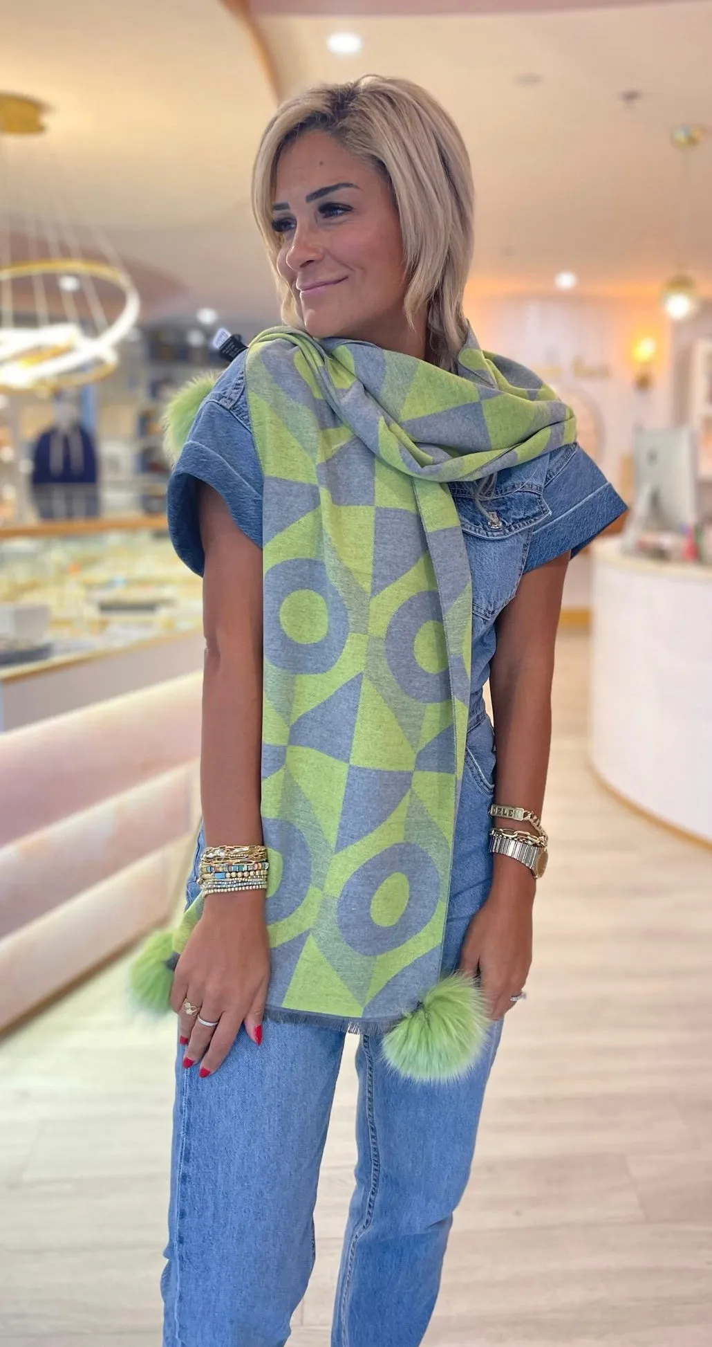 Lime Green & Grey Pom Pom Scarf