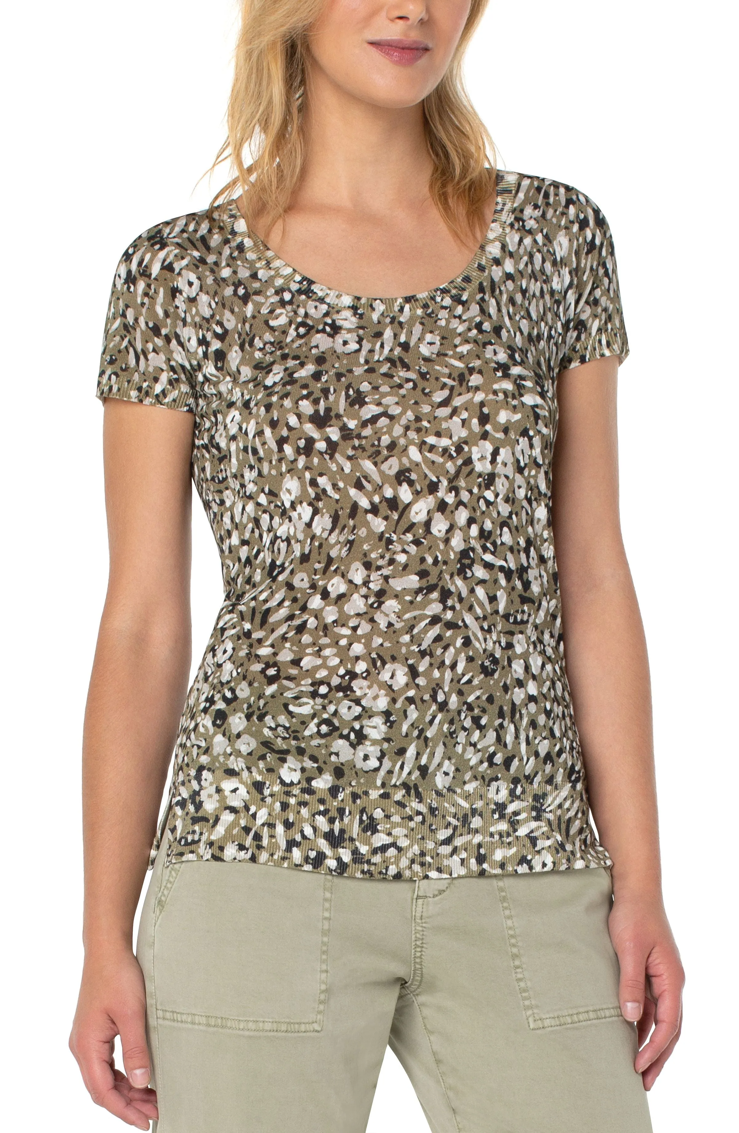 Liverpool Printed Scoop Neck Short Sleeve Sweater (animal print)