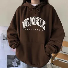 Los Angeles California Brown Casual Oversize Fleece Pullover Drawstring Hoodie For Mens & Women