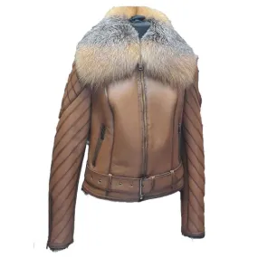 Luxurious Tan Leather Jacket with Fur Collar