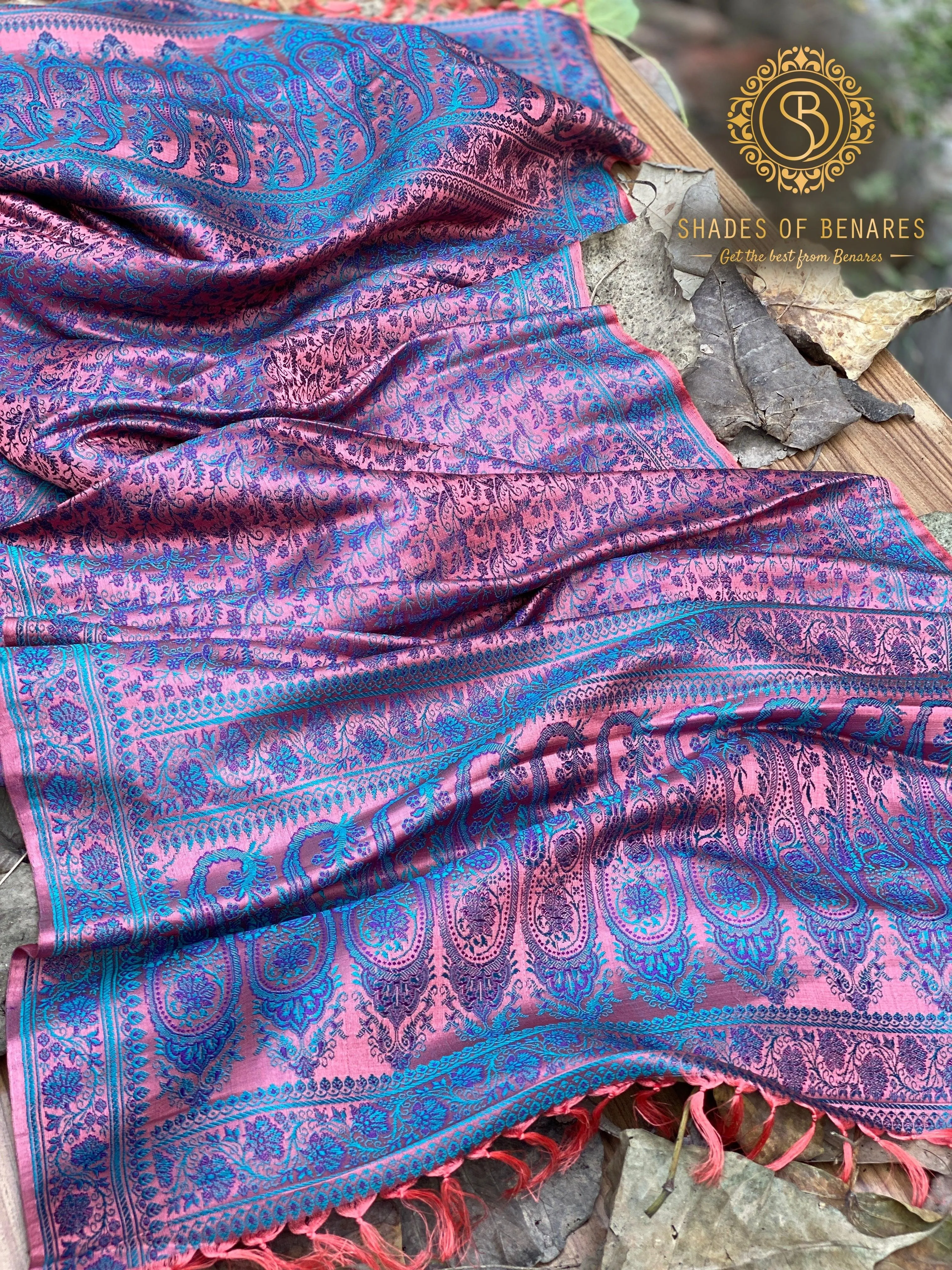 Luxury Redefined: Peach and Blue Pure Silk Handloom Printed Banarasi Silk Scarf