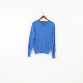 Lyle & Scott Men M Jumper V Neck Blue Logo Scotland Long Sleeve Cotton Sweater Top