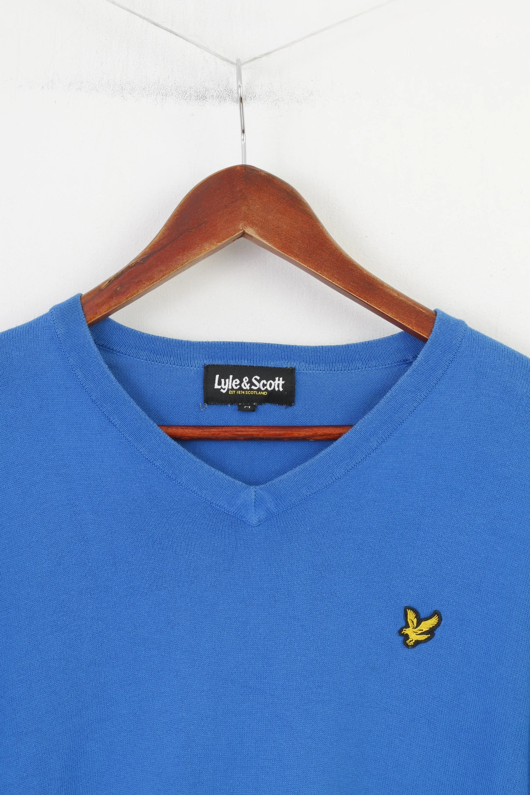 Lyle & Scott Men M Jumper V Neck Blue Logo Scotland Long Sleeve Cotton Sweater Top