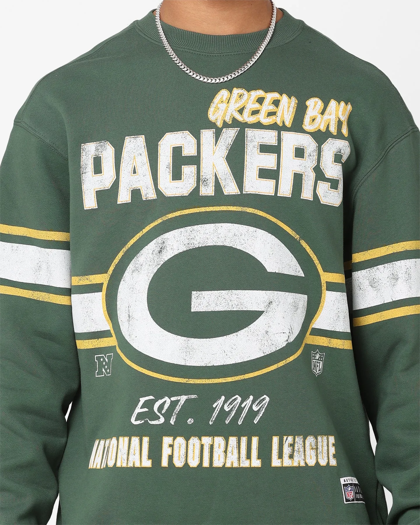 Majestic Athletic Green Bay Packers Stripe Crest Crewneck Dark Cedar