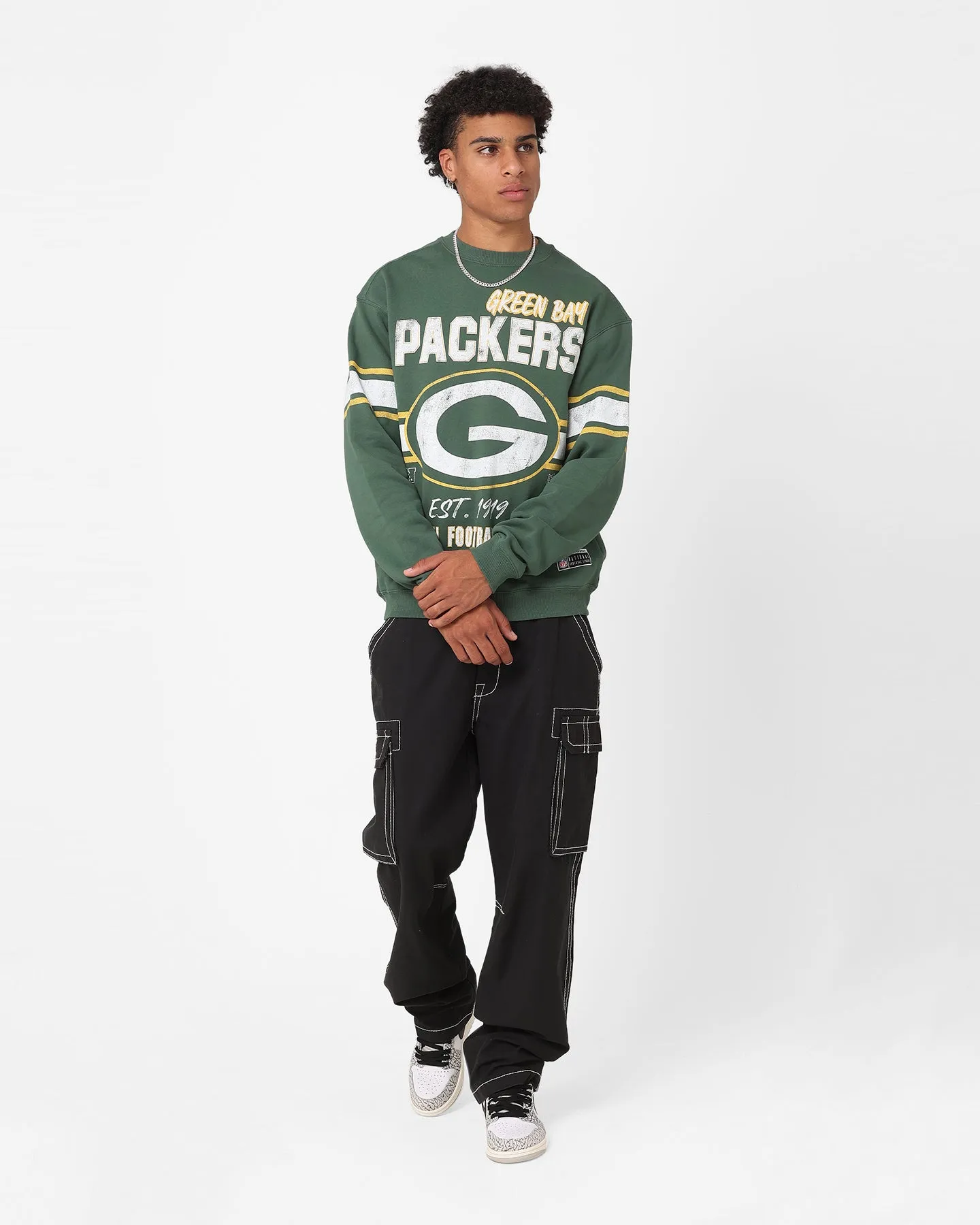 Majestic Athletic Green Bay Packers Stripe Crest Crewneck Dark Cedar