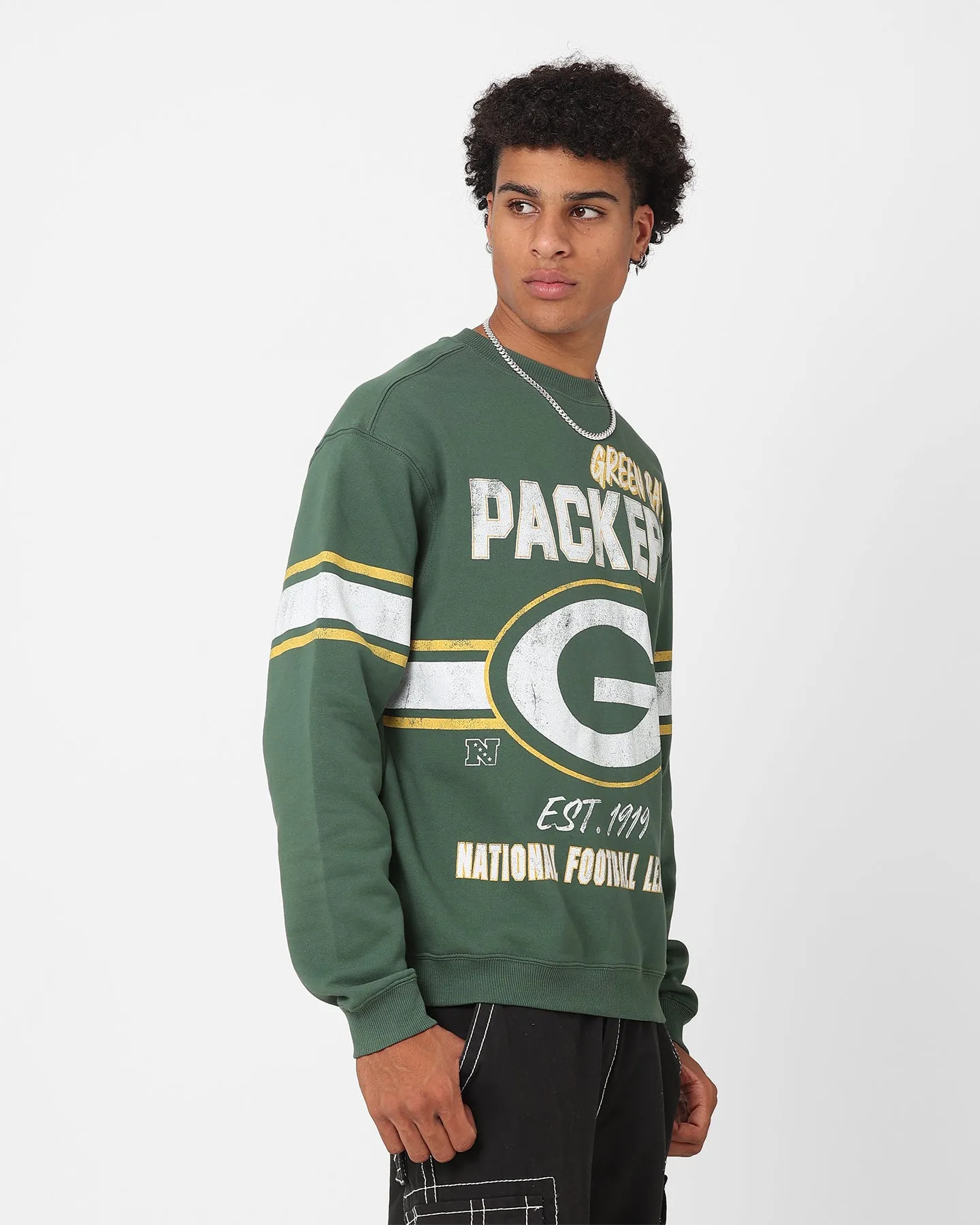 Majestic Athletic Green Bay Packers Stripe Crest Crewneck Dark Cedar