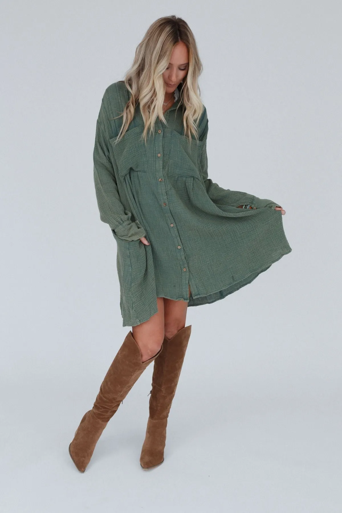 Marci Button Down Tunic Dress - Olive