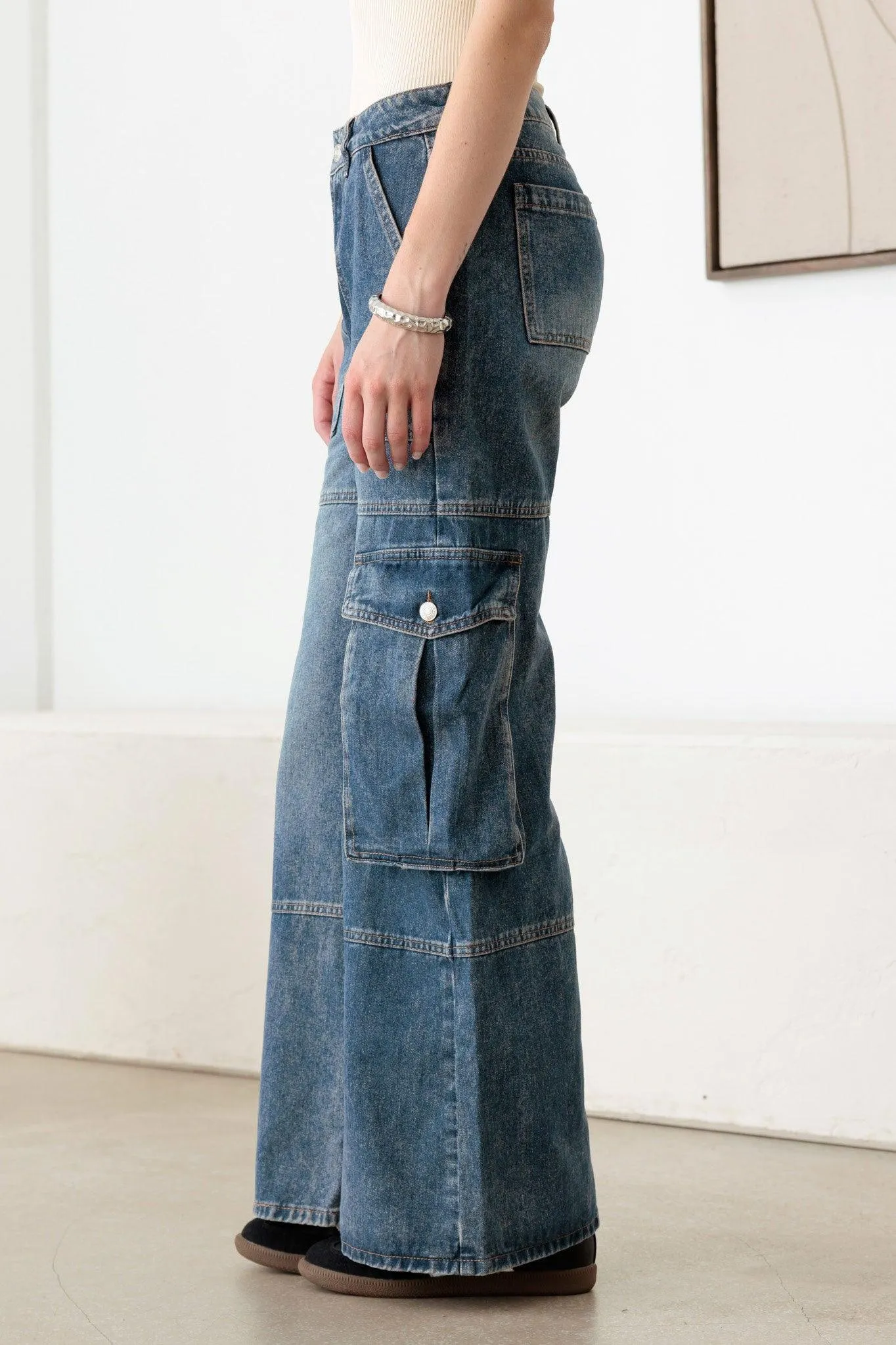 Medium Blue Vintage Wide Leg Cargo Denim Jeans