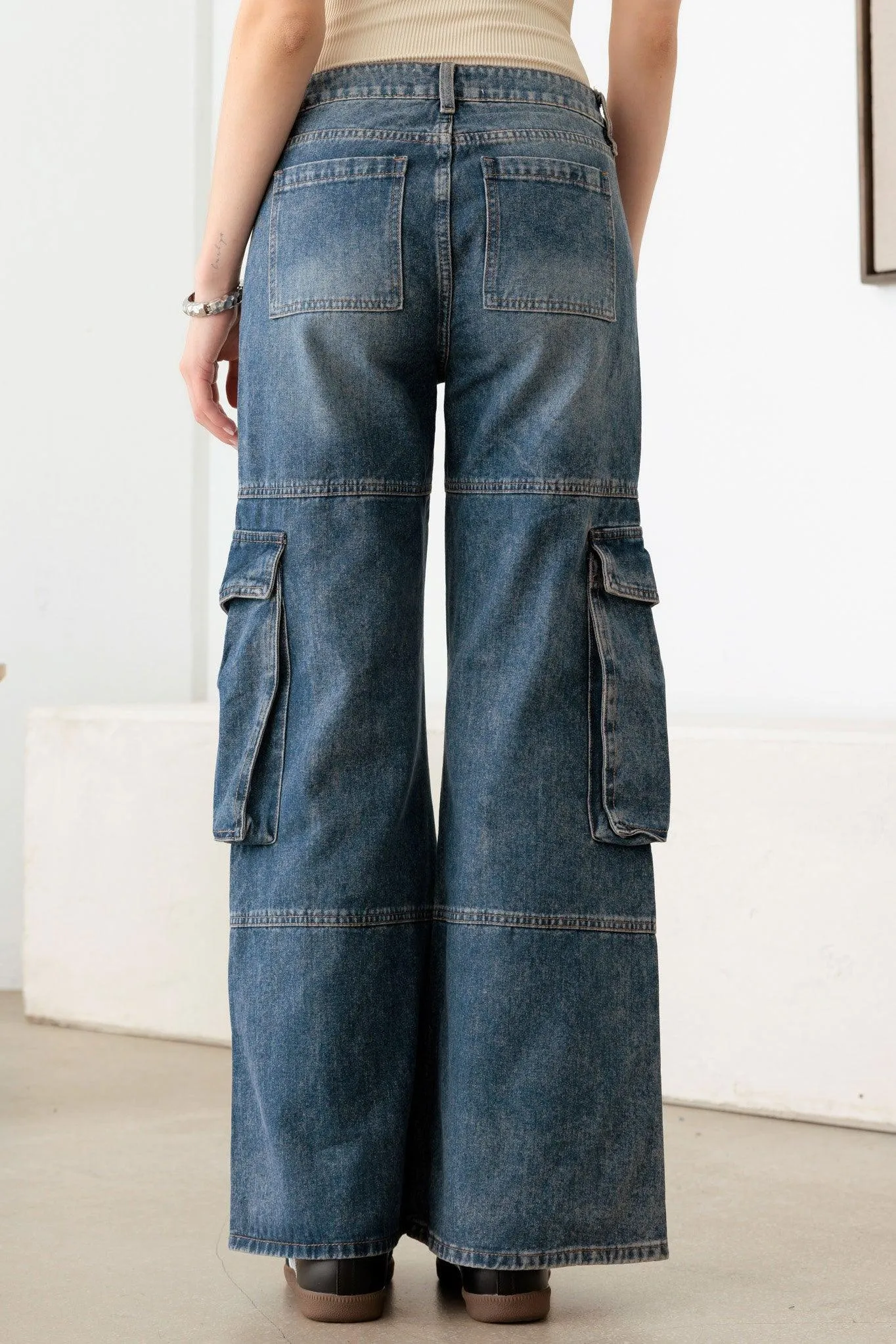 Medium Blue Vintage Wide Leg Cargo Denim Jeans