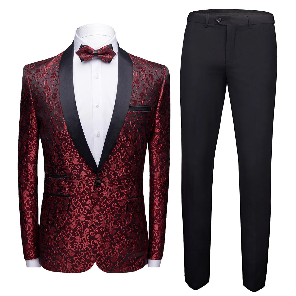 Mens 2 Piece Floral Jacquard Dress Suit Set 1 Button Print Dinner Jacket Pants Spring Autumn | 970