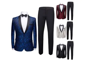 Mens 2 Piece Floral Jacquard Dress Suit Set 1 Button Print Dinner Jacket Pants Spring Autumn | 970