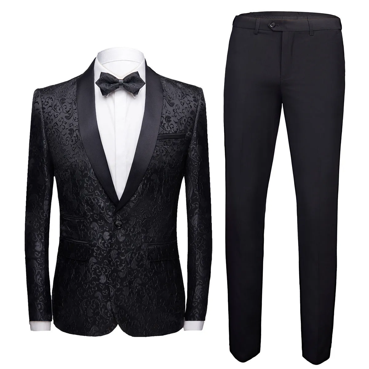 Mens 2 Piece Floral Jacquard Dress Suit Set 1 Button Print Dinner Jacket Pants Spring Autumn | 970