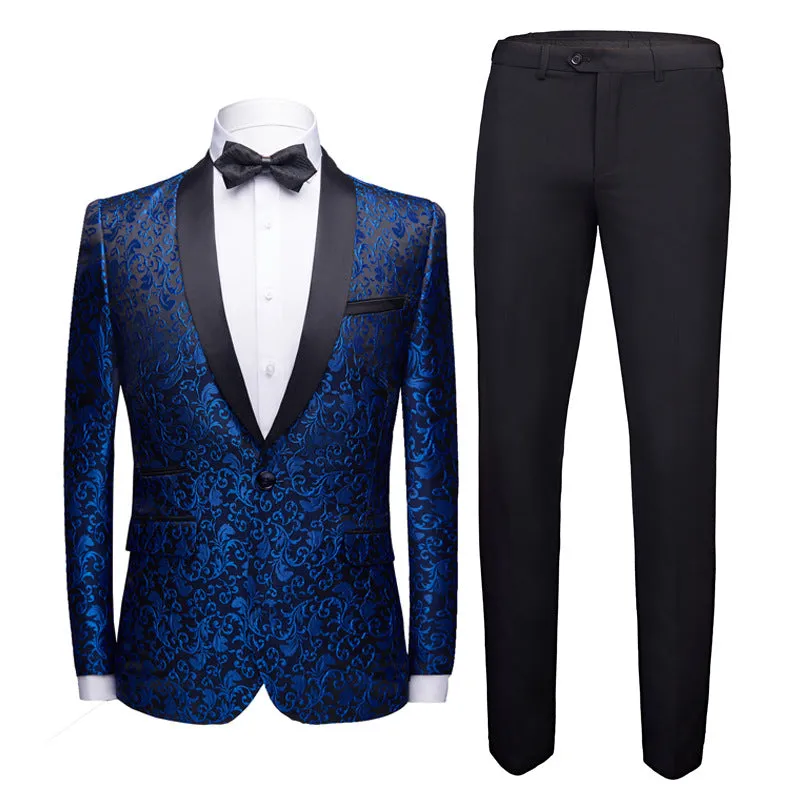 Mens 2 Piece Floral Jacquard Dress Suit Set 1 Button Print Dinner Jacket Pants Spring Autumn | 970