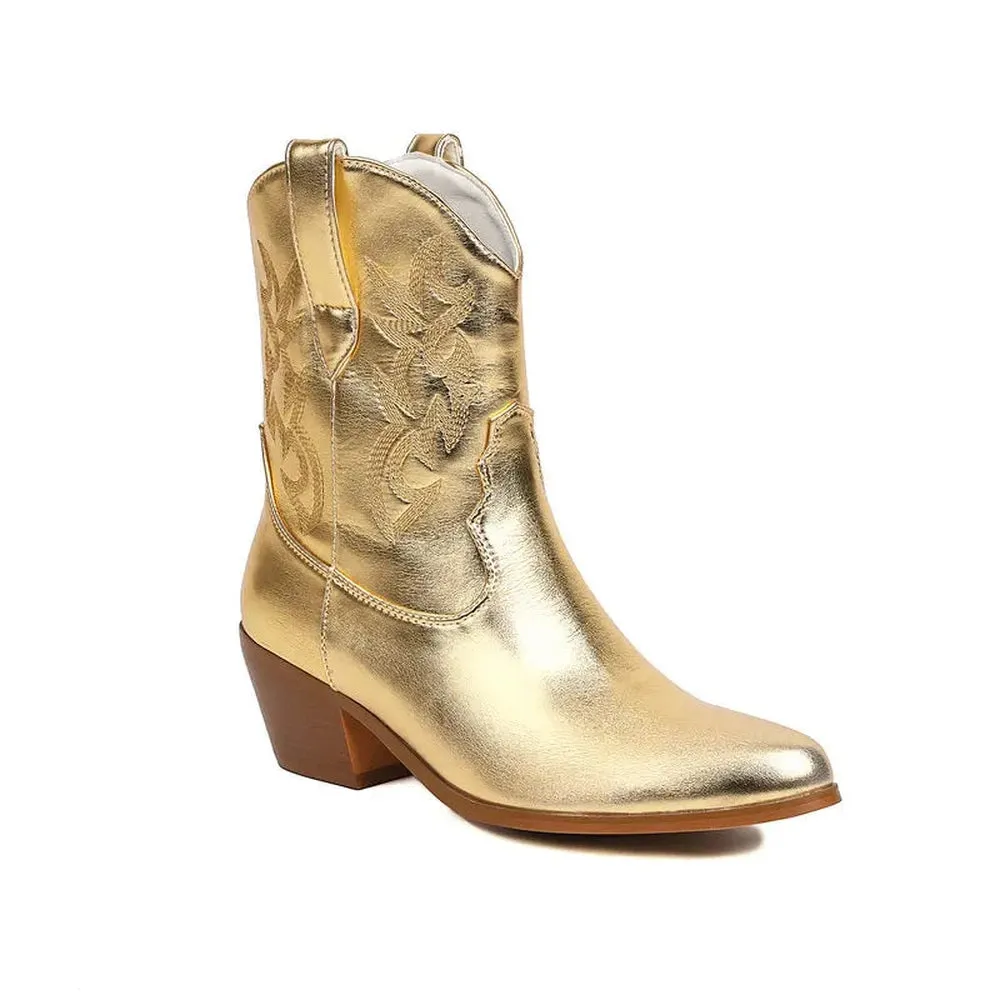 Merendy Pasta Pointed Toe Embroidery Metallic cowboy boots for women