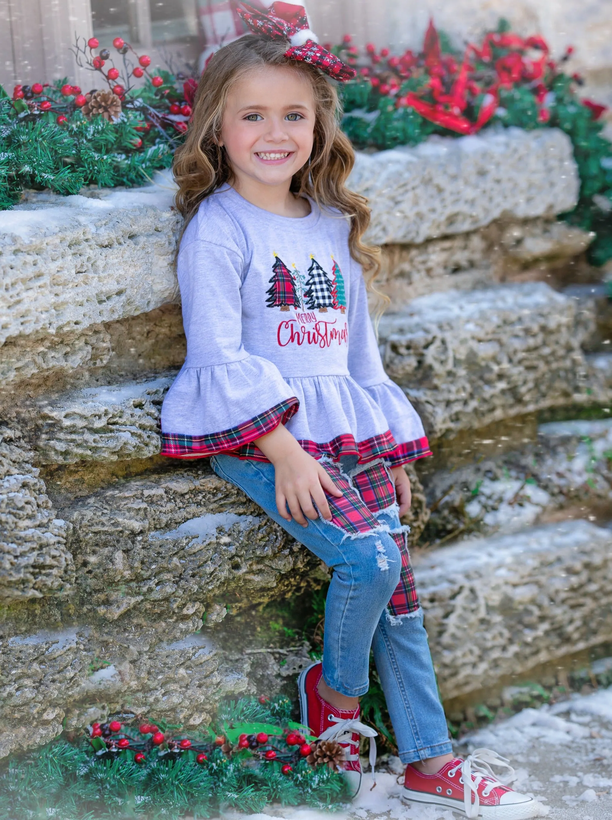 Merry Christmas Plaid Patched Jean Set