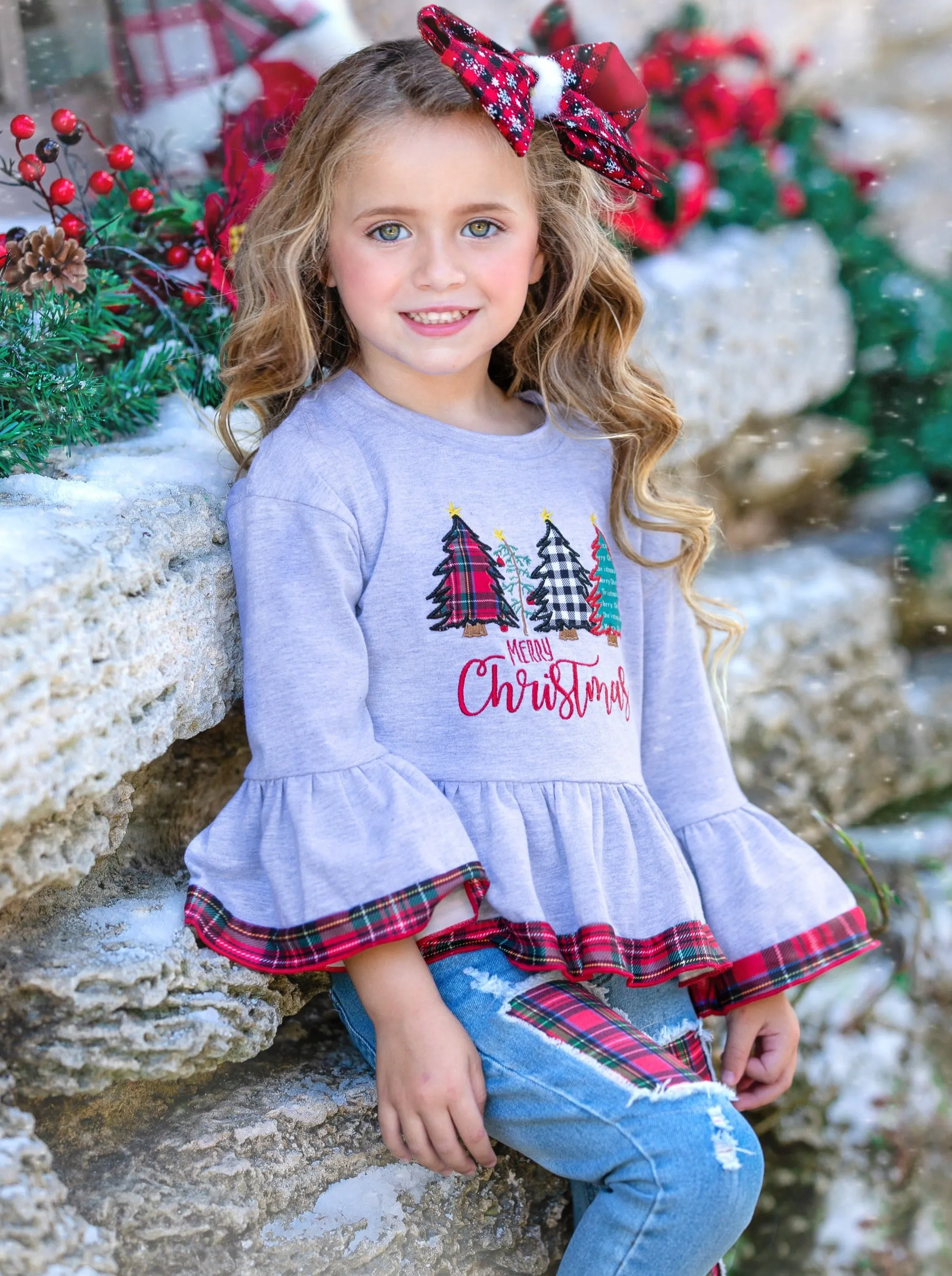 Merry Christmas Plaid Patched Jean Set